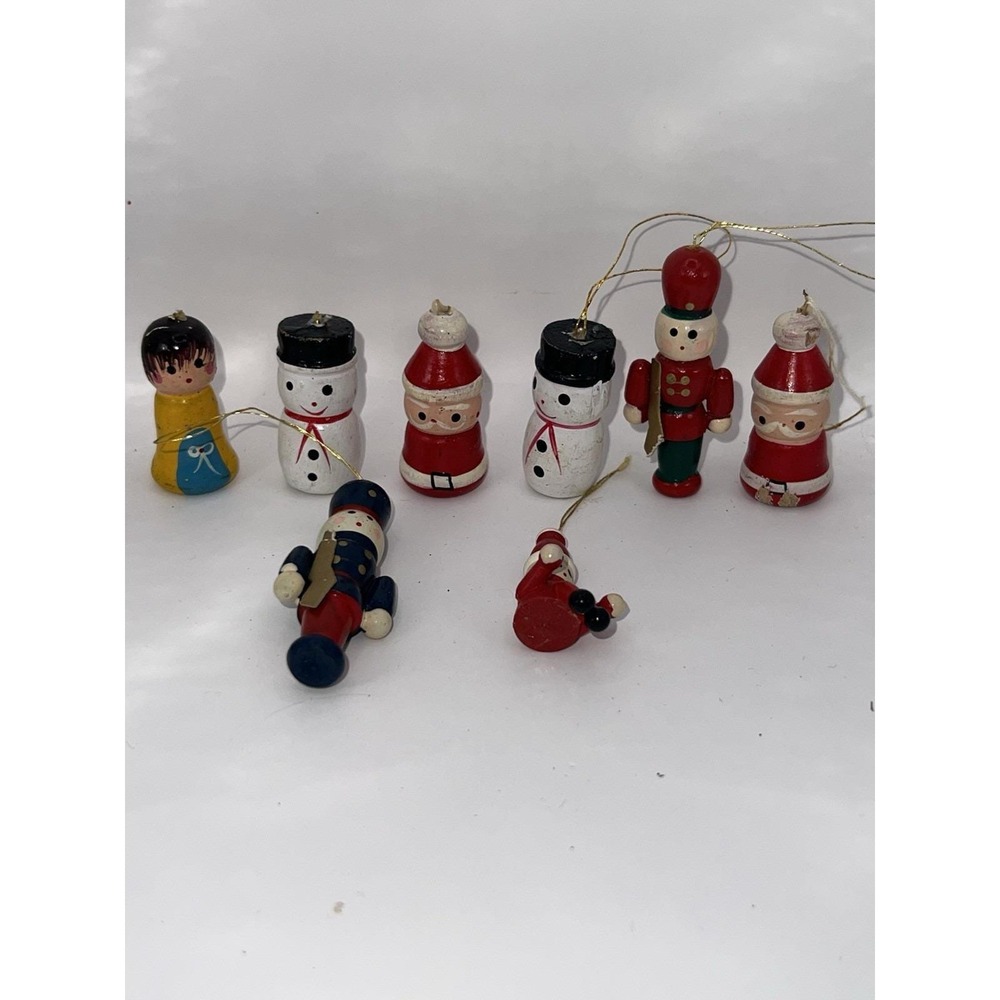 Vtg Wooden Xmas ornament set of 8 (Snowman & Santa)